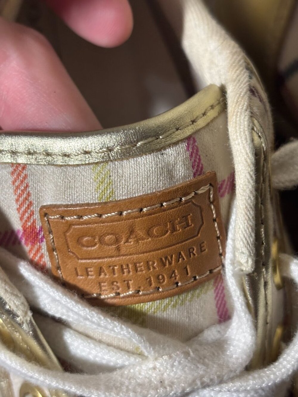 Coach Plaid Sneakers Size 7B Gold Trim Lace Up Casual Shoes - Picture 6 of 9